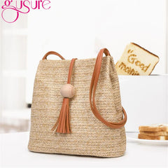 Women Weave Straw Beach Bag Woven Bucket Shoulder Tote Tassel Handbag