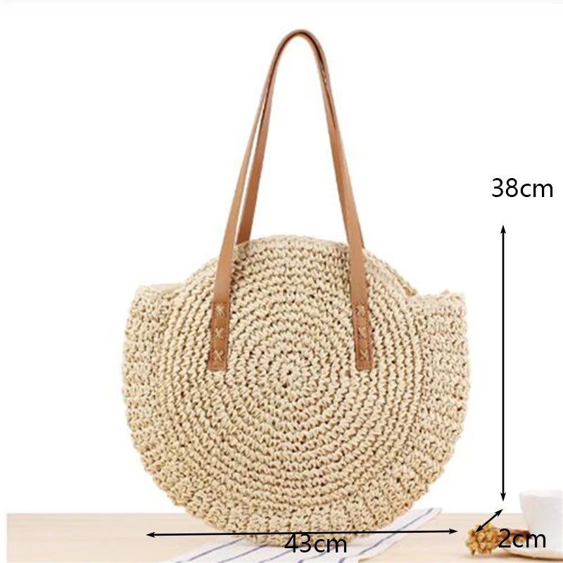Round Straw Beach Bag Vintage Woven Shoulder Bag Raffia Circle Rattan