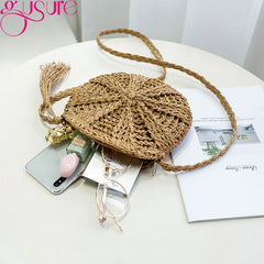 Round Women String Woven Rattan Messenger Bags Straw Circular Lady Tassel Beach
