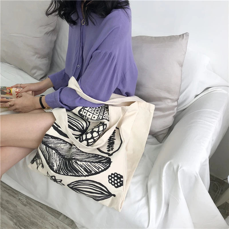 Leaf Printing Canvas Shoulder Bag Large Capacity Tote for Women