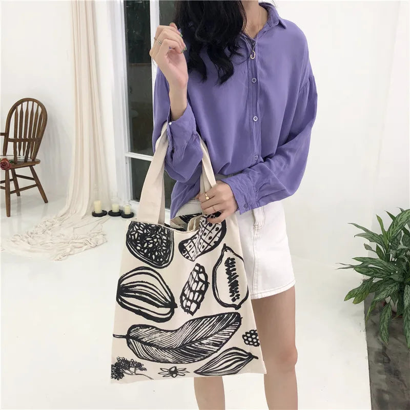 Leaf Printing Canvas Shoulder Bag Large Capacity Tote for Women