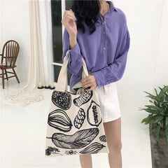 Leaf Printing Canvas Shoulder Bag Large Capacity Tote for Women