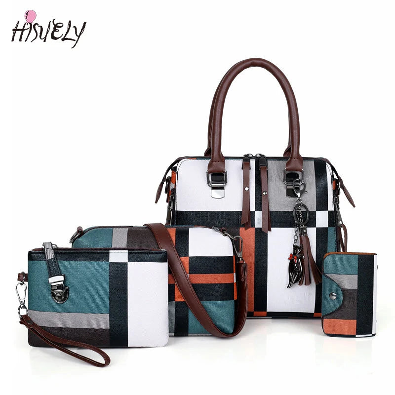 4PCS Set PU Leather Plaid Shoulder Bag Top-Handle Bag for Women