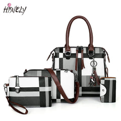 4PCS Set PU Leather Plaid Shoulder Bag Top-Handle Bag for Women