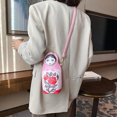 Matryoshka Print Crossbody Bag Women PU Leather Phone Shoulder Bag