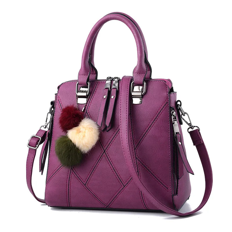 Small PU Leather Handbag with Fur Ball, Shoulder Bag for Women
