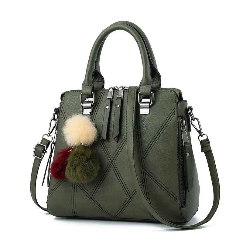 Small PU Leather Handbag with Fur Ball, Shoulder Bag for Women