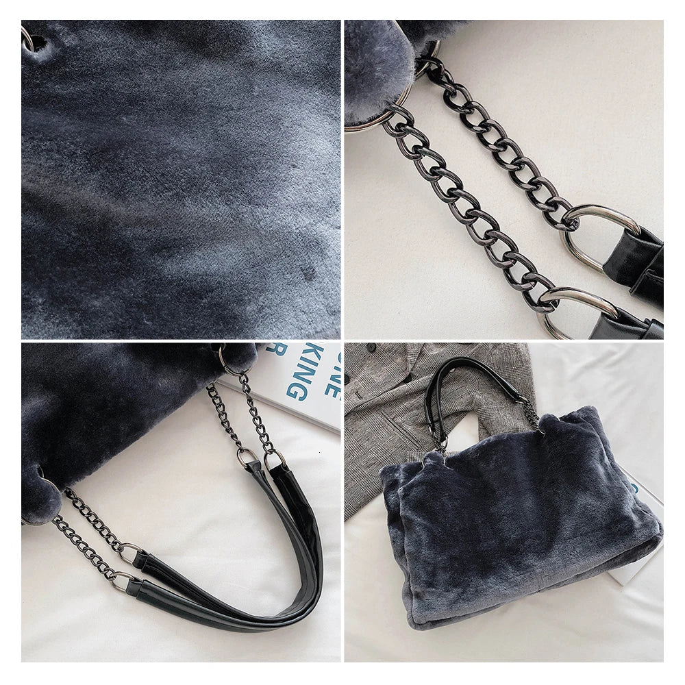 Faux Fur Women Shoulder Bag Plush Lady Handbag Chain Travel Shopping Bag