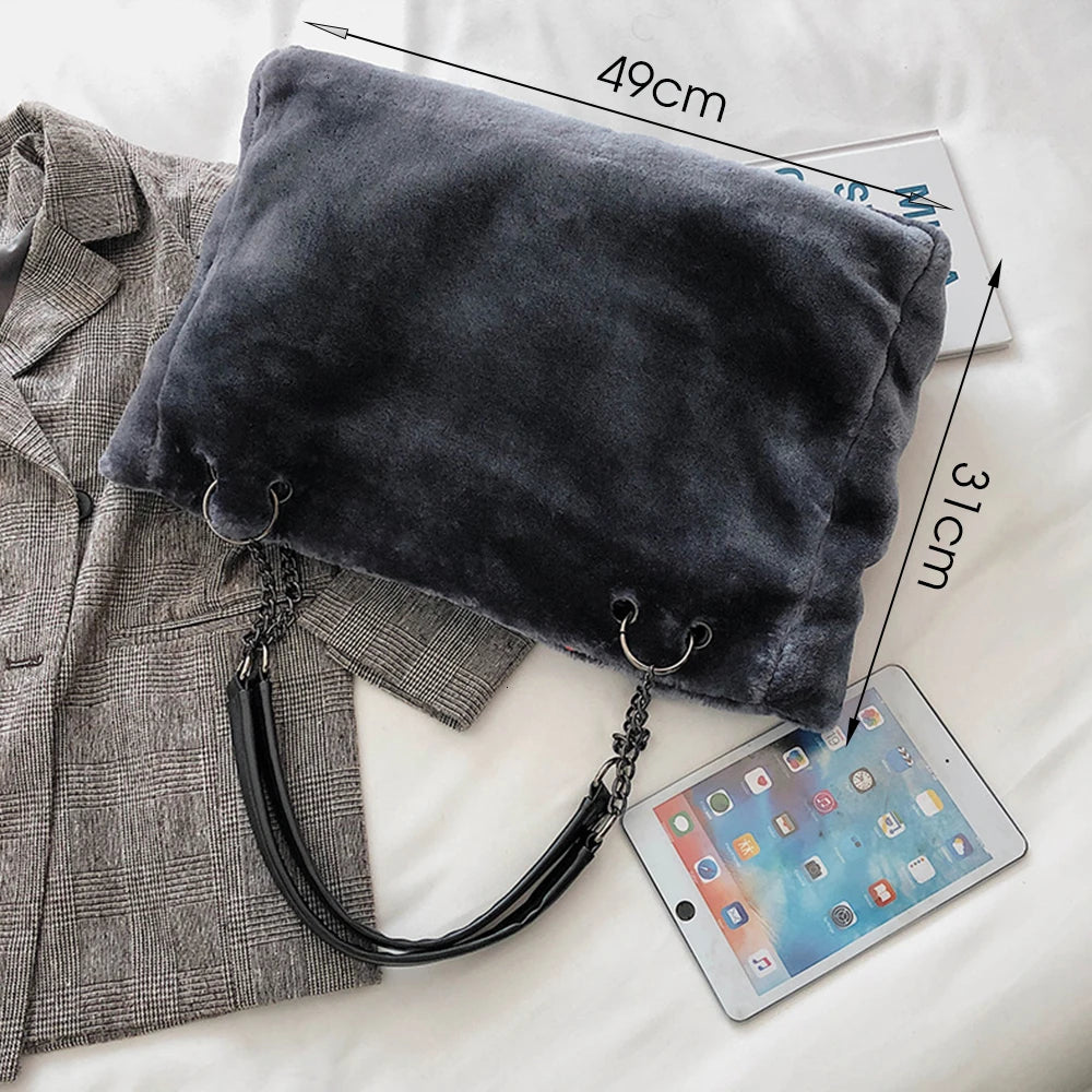 Faux Fur Women Shoulder Bag Plush Lady Handbag Chain Travel Shopping Bag