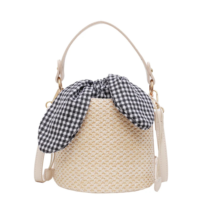 Summer Bucket Bag Weaving Lady Straw Top Handle Handbags Tote