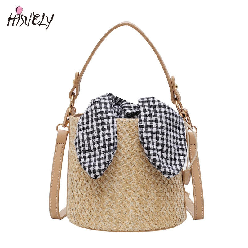 Summer Bucket Bag Weaving Lady Straw Top Handle Handbags Tote
