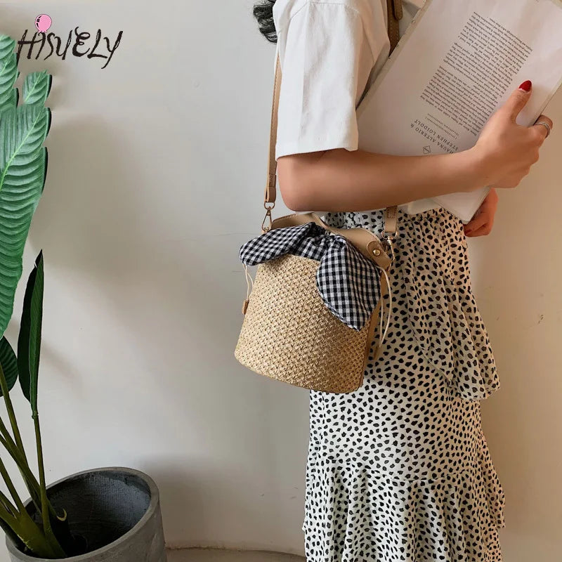 Summer Bucket Bag Weaving Lady Straw Top Handle Handbags Tote