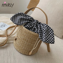 Summer Bucket Bag Weaving Lady Straw Top Handle Handbags Tote