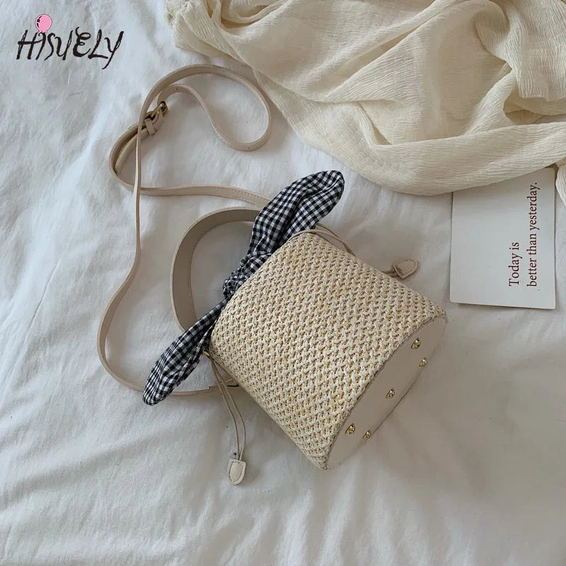 Summer Bucket Bag Weaving Lady Straw Top Handle Handbags Tote