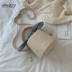 Summer Bucket Bag Weaving Lady Straw Top Handle Handbags Tote