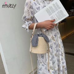 Summer Bucket Bag Weaving Lady Straw Top Handle Handbags Tote