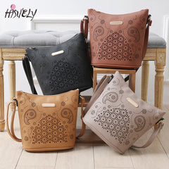 Women Retro Bucket Bag Hollow Out Shoulder Bag