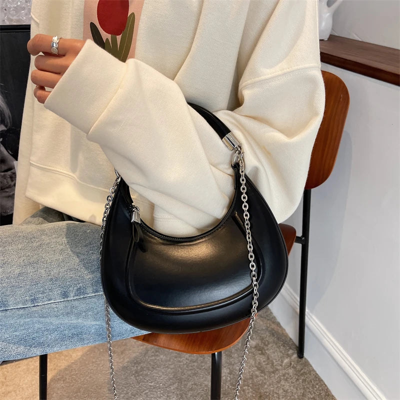 Half Moon Leather Chain Shoulder Bag Women Small Tote S