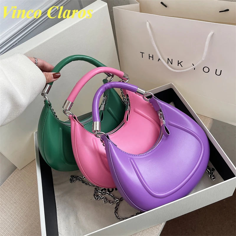 Half Moon Leather Chain Shoulder Bag Women Small Tote S