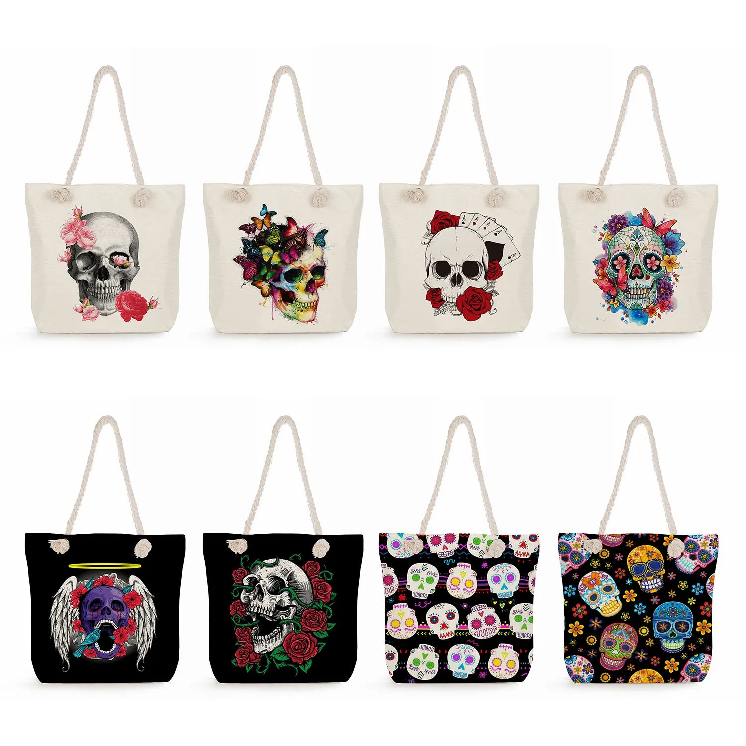 Floral Skull Print Eco Shopping Bag High Women Shoulder Bag