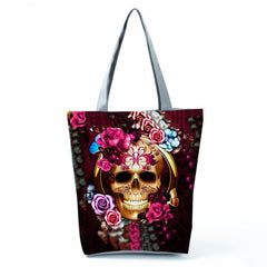 Skull Rose Print Handbag Shoulder Bag Ladies Eco Friendly Shopping Bag