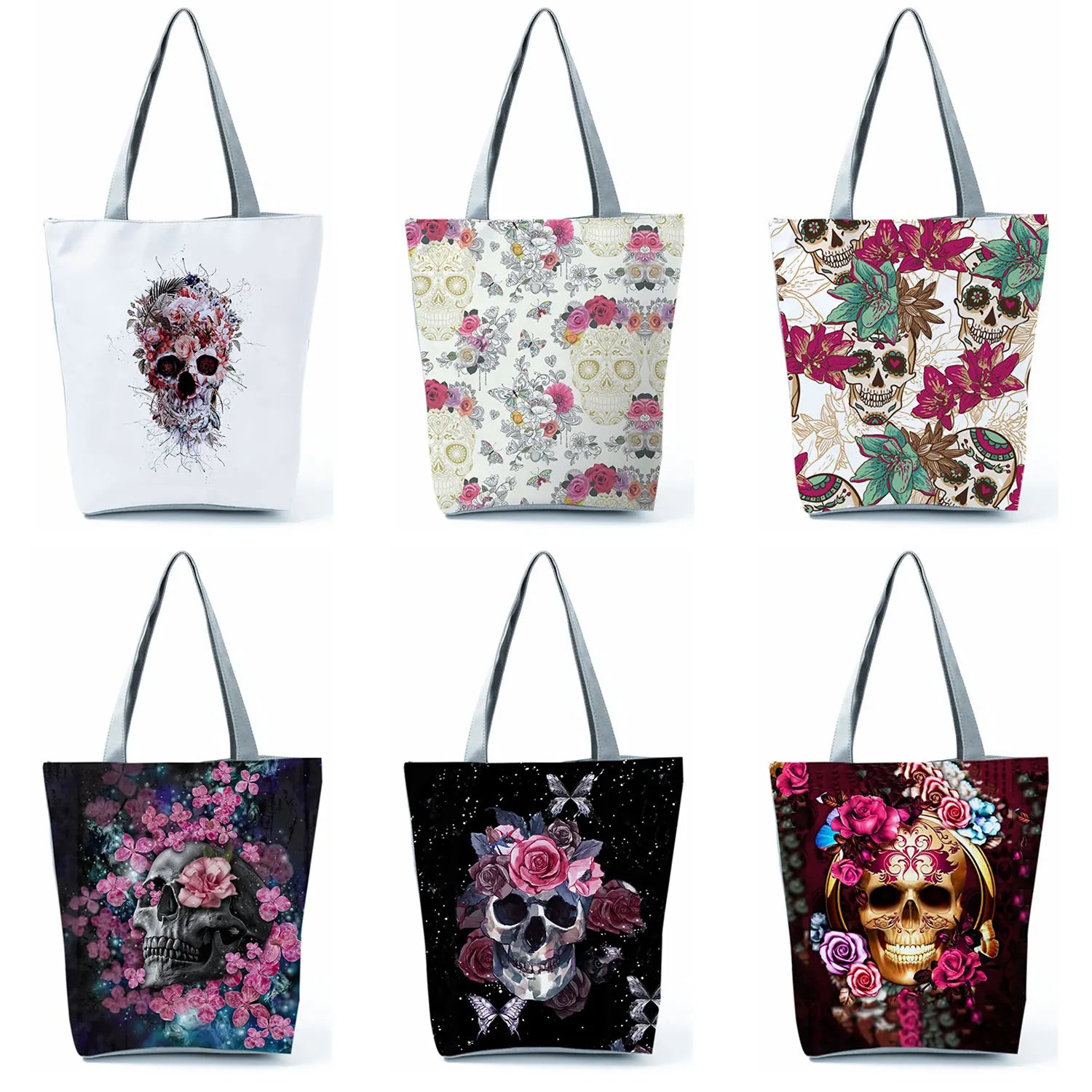 Skull Rose Print Handbag Shoulder Bag Ladies Eco Friendly Shopping Bag