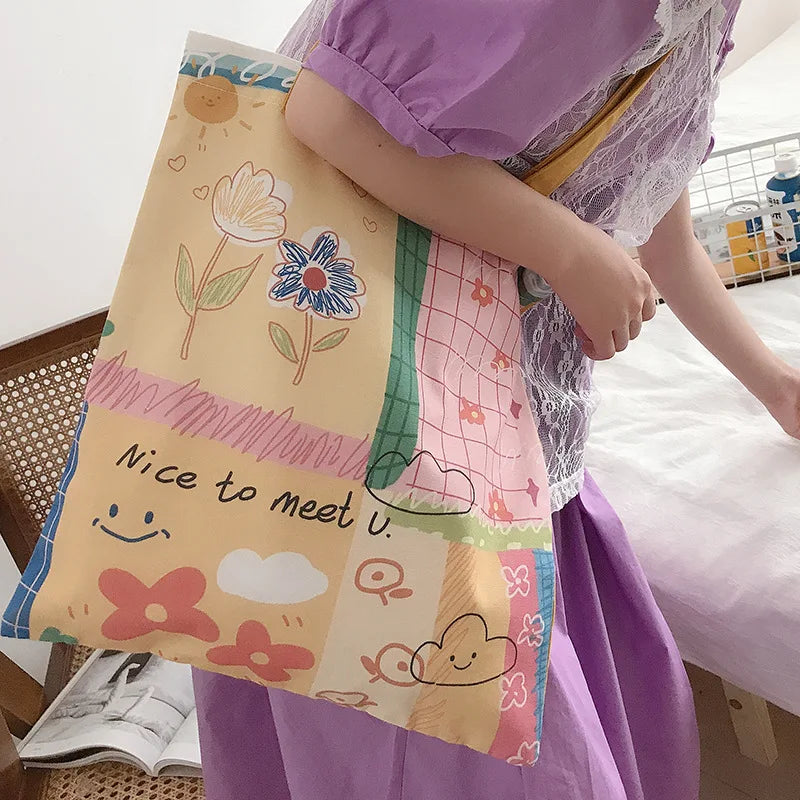 Women Canvas Shoulder Bag Hand Painted Tote Books Bag Shopping Bag
