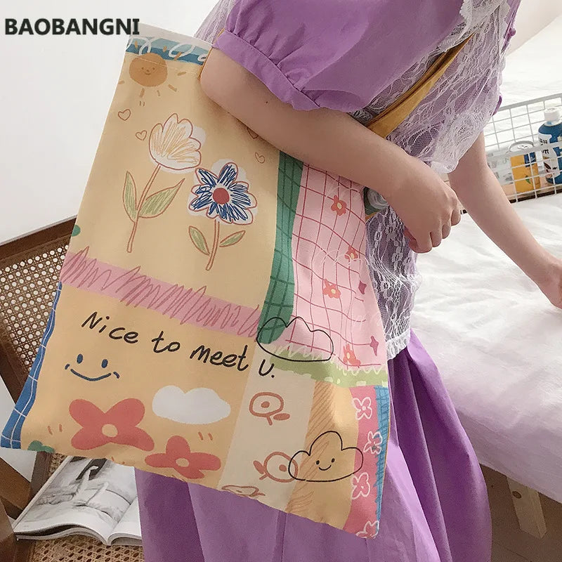 Women Canvas Shoulder Bag Hand Painted Tote Books Bag Shopping Bag