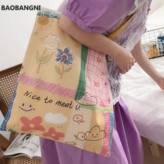 Women Canvas Shoulder Bag Hand Painted Tote Books Bag Shopping Bag