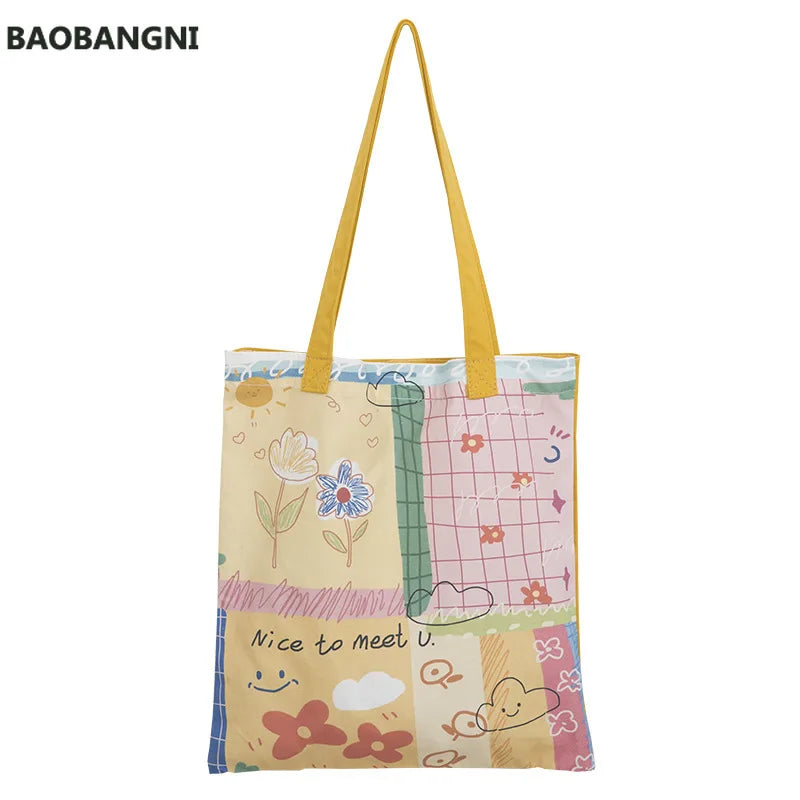 Women Canvas Shoulder Bag Hand Painted Tote Books Bag Shopping Bag