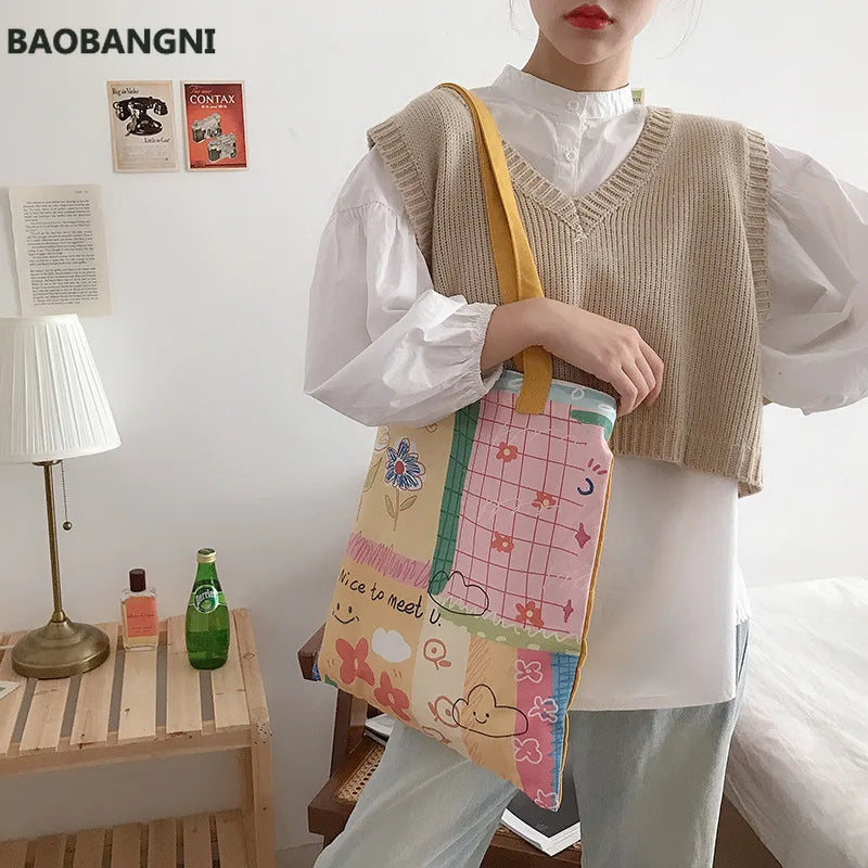 Women Canvas Shoulder Bag Hand Painted Tote Books Bag Shopping Bag