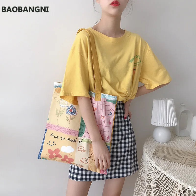 Women Canvas Shoulder Bag Hand Painted Tote Books Bag Shopping Bag