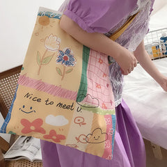 Women Canvas Shoulder Bag Hand Painted Tote Books Bag Shopping Bag