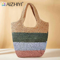 Hand-Woven Beach Vacation Bags Casual Large Capacity Striped Contrast