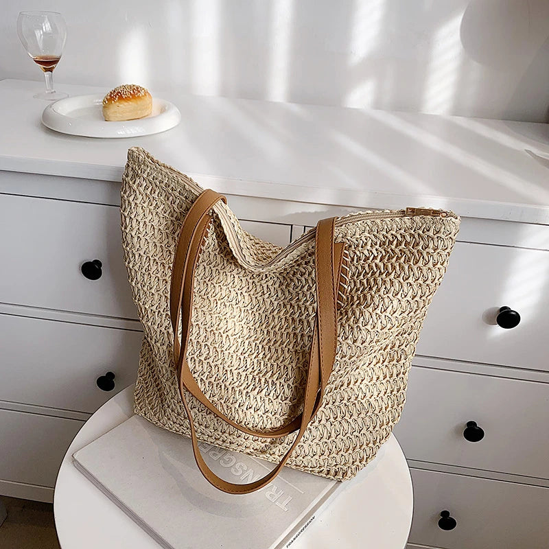 Bohemian Straw Beach Tote Bag Hand-woven Women's Shoulder Handbag