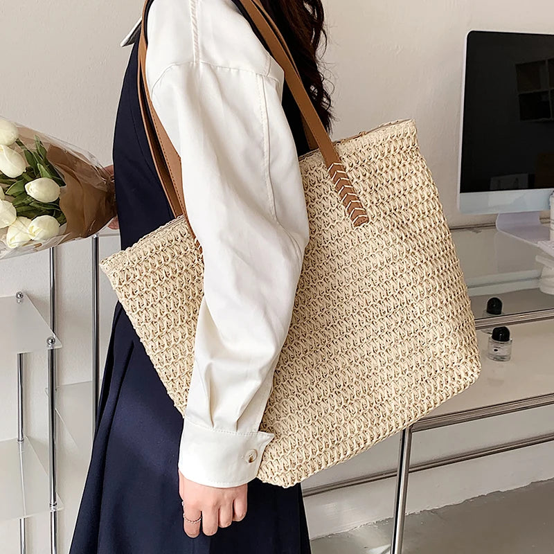 Bohemian Straw Beach Tote Bag Hand-woven Women's Shoulder Handbag