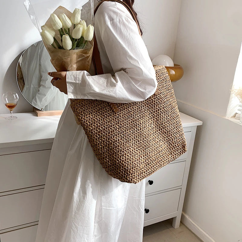 Bohemian Straw Beach Tote Bag Hand-woven Women's Shoulder Handbag