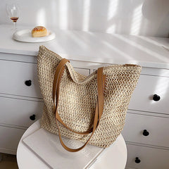 Bohemian Straw Beach Tote Bag Hand-woven Women's Shoulder Handbag