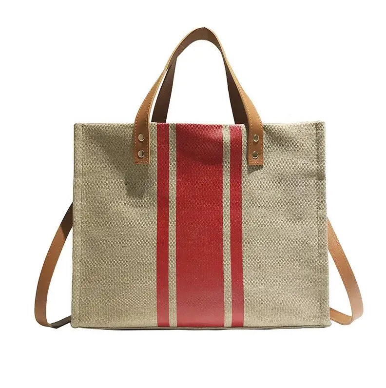 Retro Linen Shoulder Bag for Women Girls Canvas Contrast