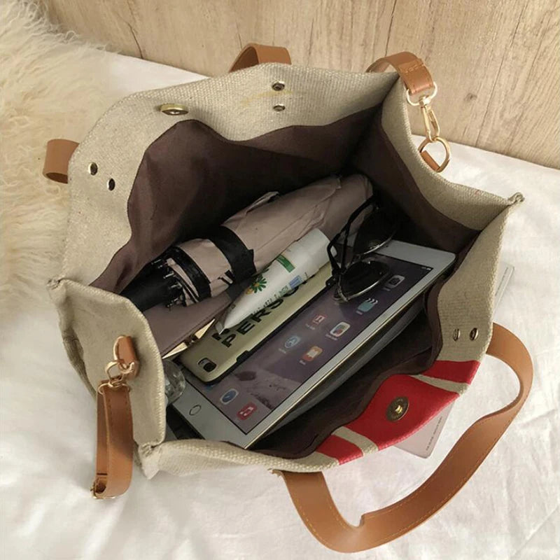 Retro Linen Shoulder Bag for Women Girls Canvas Contrast