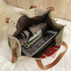 Retro Linen Shoulder Bag for Women Girls Canvas Contrast