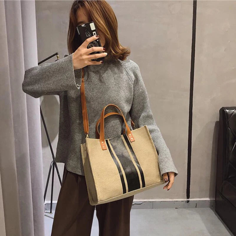 Retro Linen Shoulder Bag for Women Girls Canvas Contrast