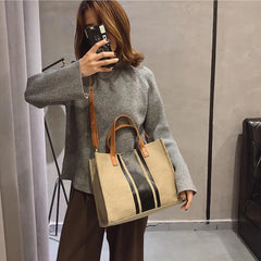 Retro Linen Shoulder Bag for Women Girls Canvas Contrast