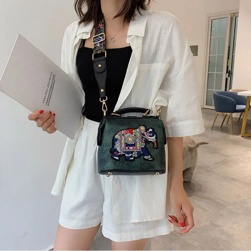 Elephant Embroidered Crossbody Bag Leather Handbag Messenger Purse