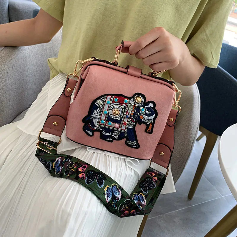 Elephant Embroidered Crossbody Bag Leather Handbag Messenger Purse
