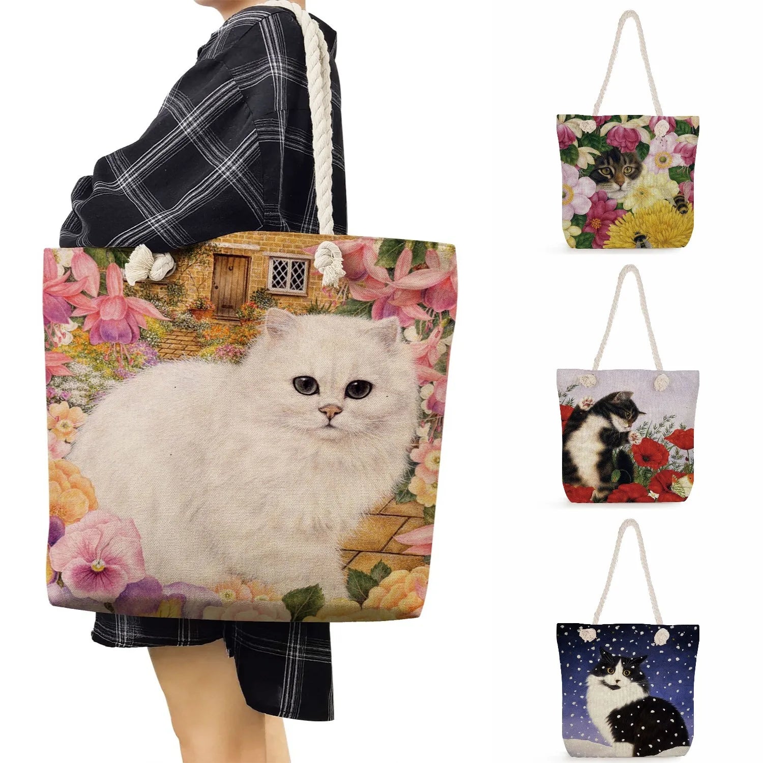 Floral Cat Printed Tote Bag Portable Shoulder Travel Casual Animal
