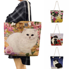 Floral Cat Printed Tote Bag Portable Shoulder Travel Casual Animal