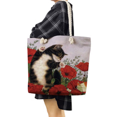 Floral Cat Printed Tote Bag Portable Shoulder Travel Casual Animal