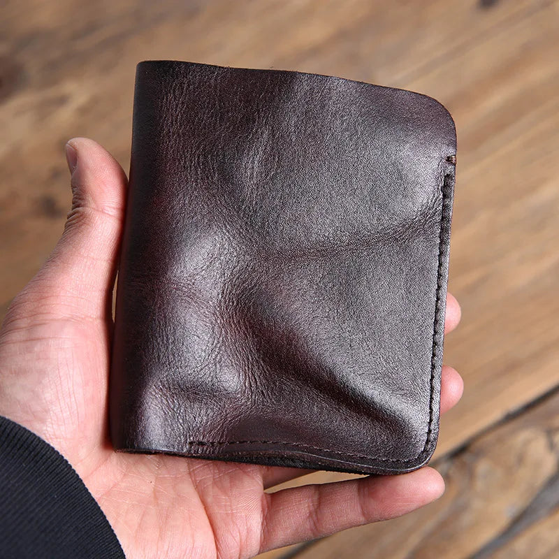 Men's Mini Wallet Short Ultra-thin Cowhide Leather Retro Ticket Holder