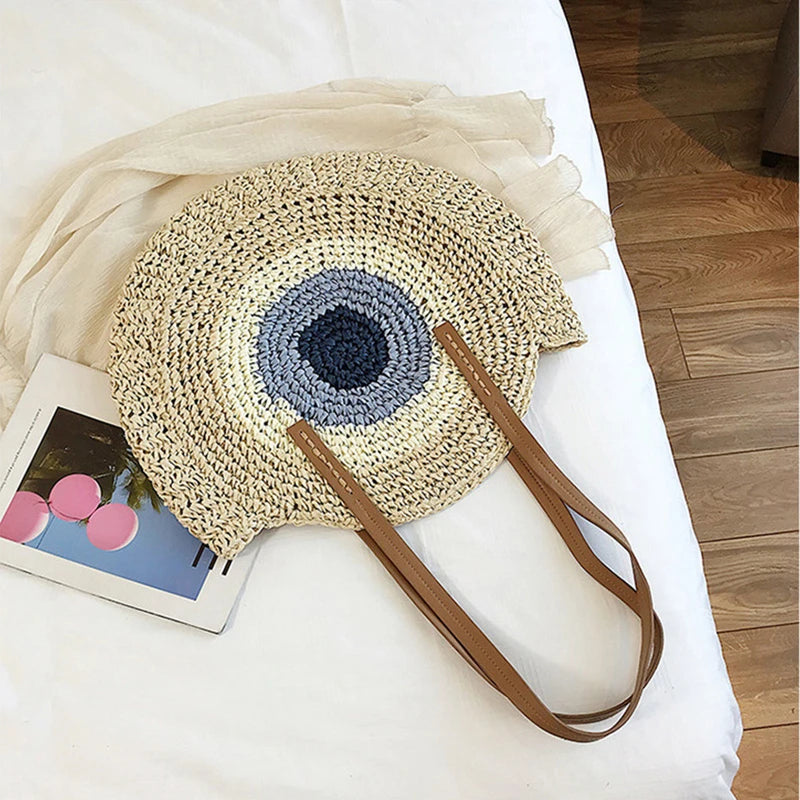 Round Straw Beach Bag for Women Rattan Shoulder Handbag